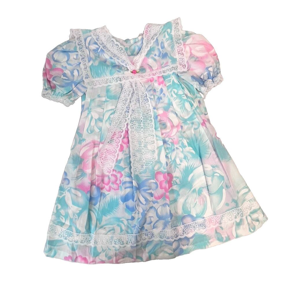 Vintage Picture Perfect Girl's Dress size 6 Blue Pink Green Floral Lace Collar